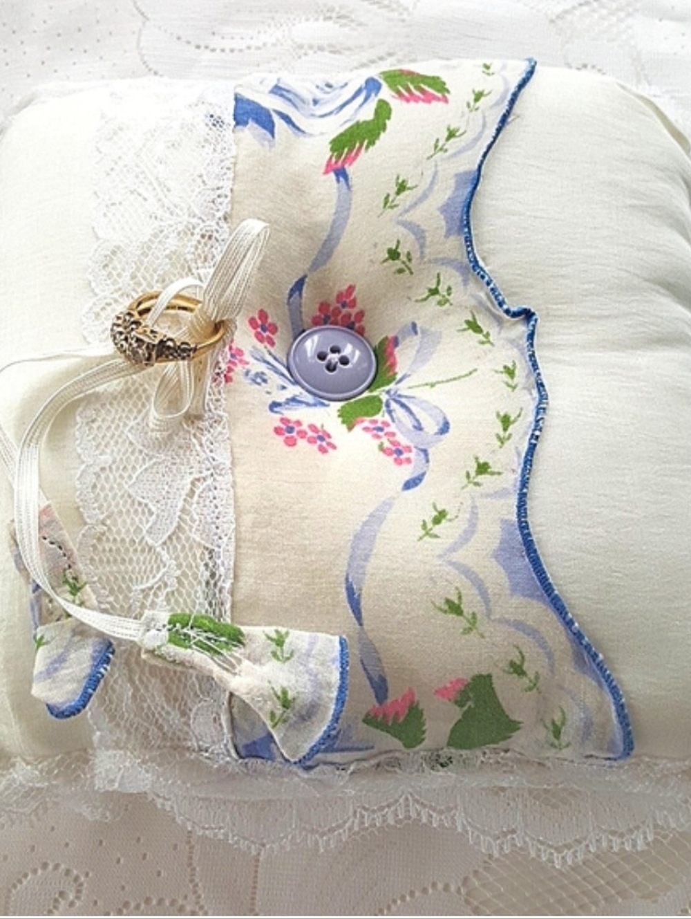 Ring Bearer Pillow Ivory Blue Floral Recycled Romantic Hand Made Roses Bridal